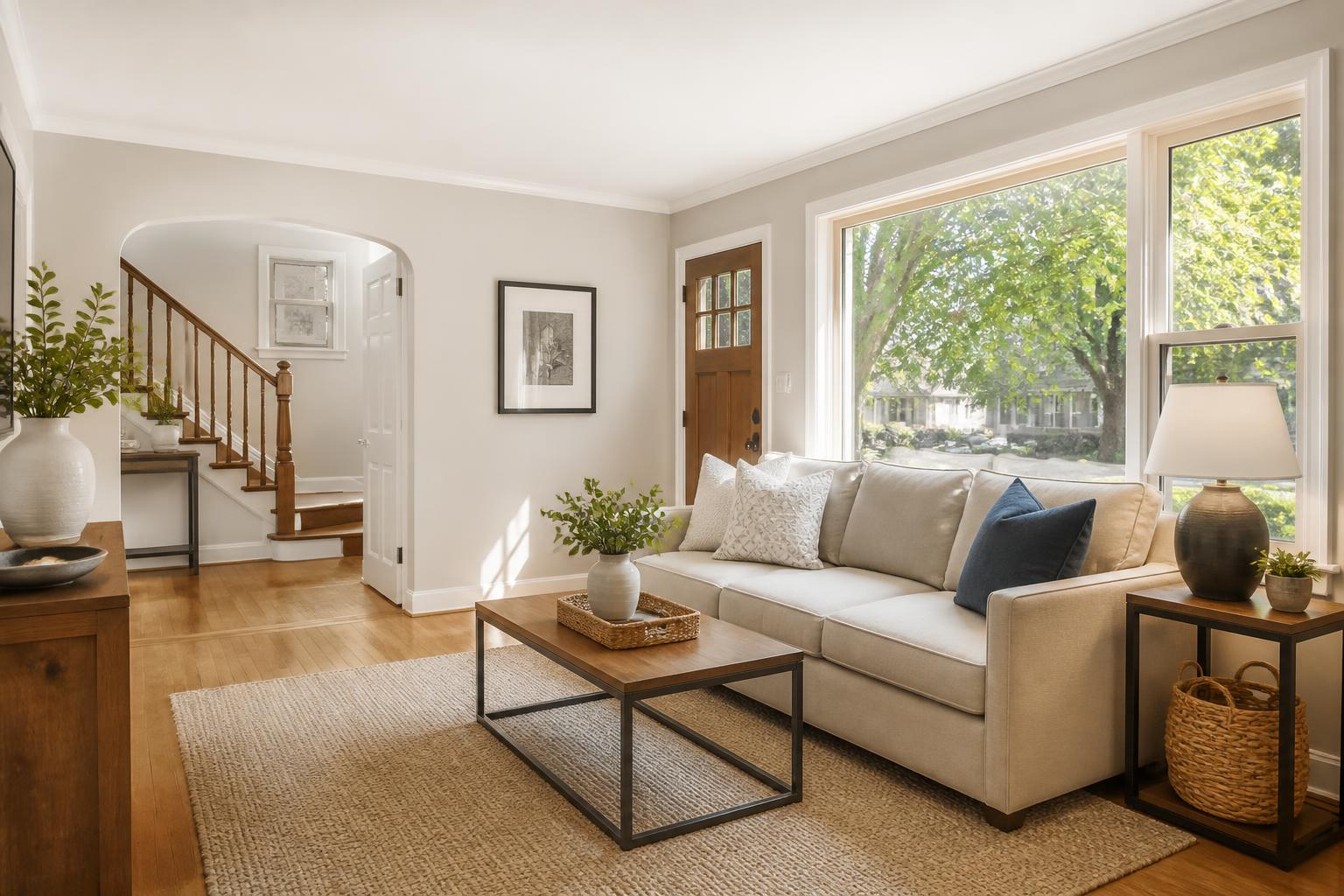 Sunlit suburban living room with a large window and mature trees outside